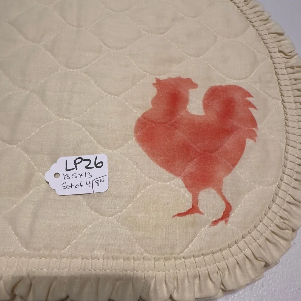 Set of‎ 4 Quilted Rooster Placemats Oval Ruffled Farmhouse Beige Red 18.5x13